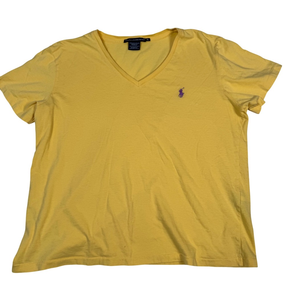 Ralph Lauren Sport Women XL Yellow V Neck T Shirt Pony Logo Casual Classic Basic
